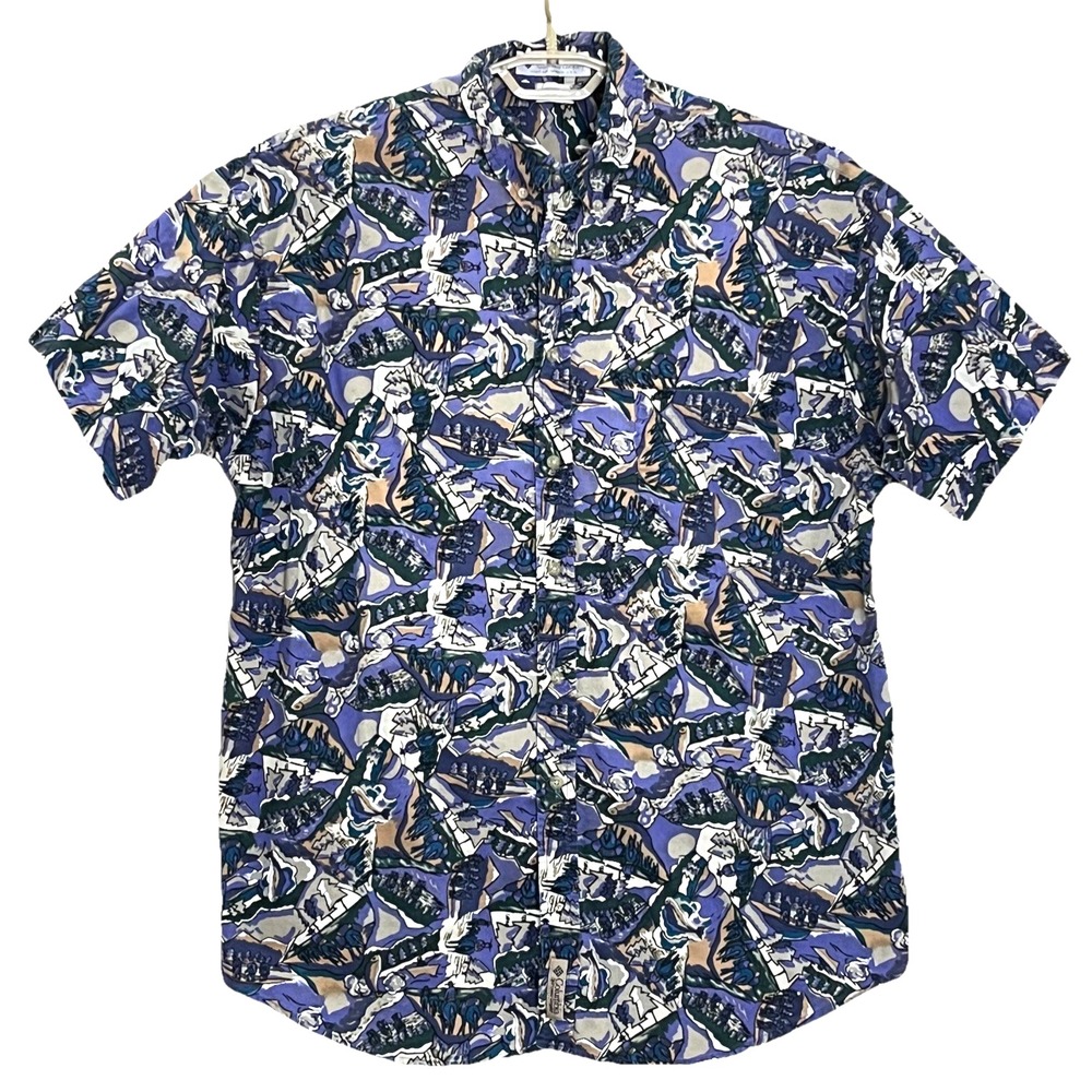 Columbia Mens Shirt XL Multicolor Short Sleeve Outdoor Print‎ Mountains 90s VTG
